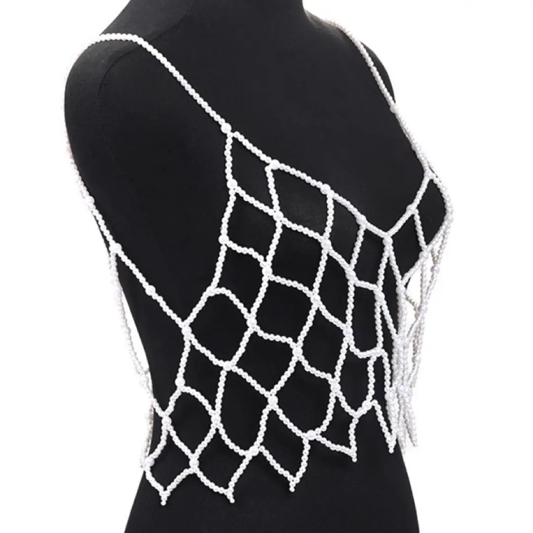 Women's Tops White Beaded Net Bustier Gilet Layered Pearl