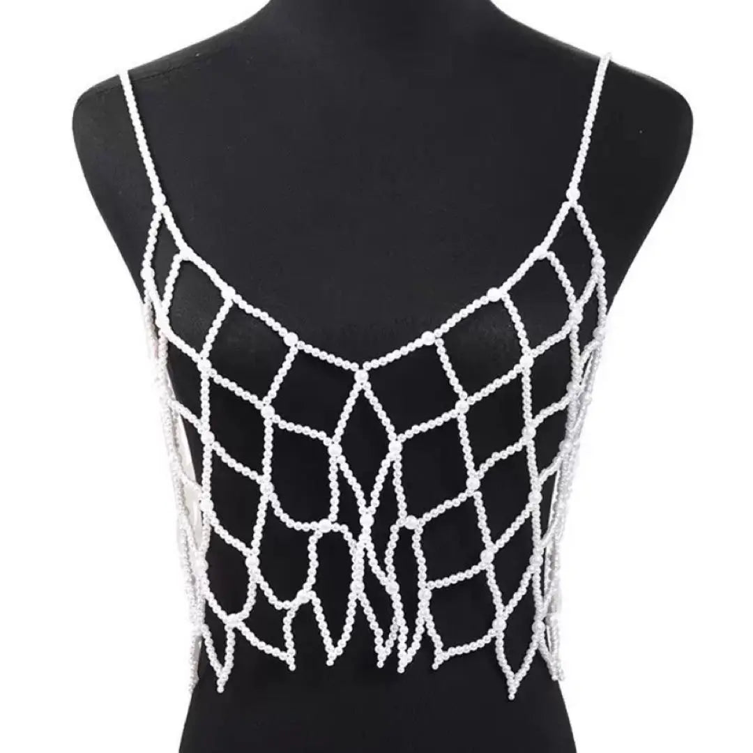 Women's Tops White Beaded Net Bustier Gilet Layered Pearl