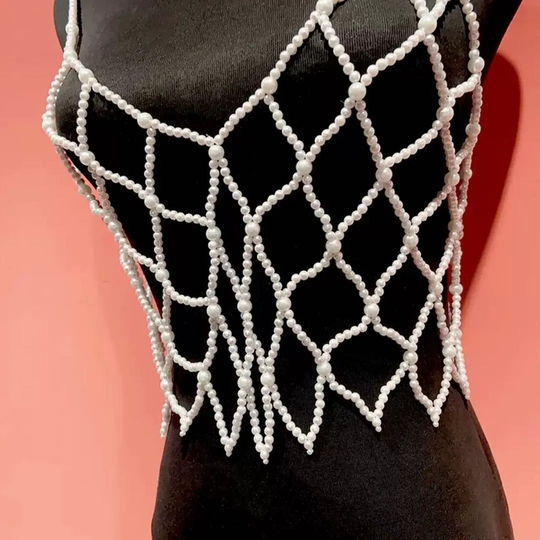 Women's Tops White Beaded Net Bustier Gilet Layered Pearl