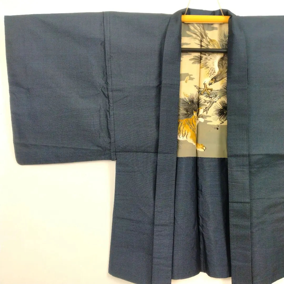 [Buen estado] Haori auténtico para hombre Oshima Tsumugi de seda pura color dorado largo 87 manga 67,5 azul marino oscuro