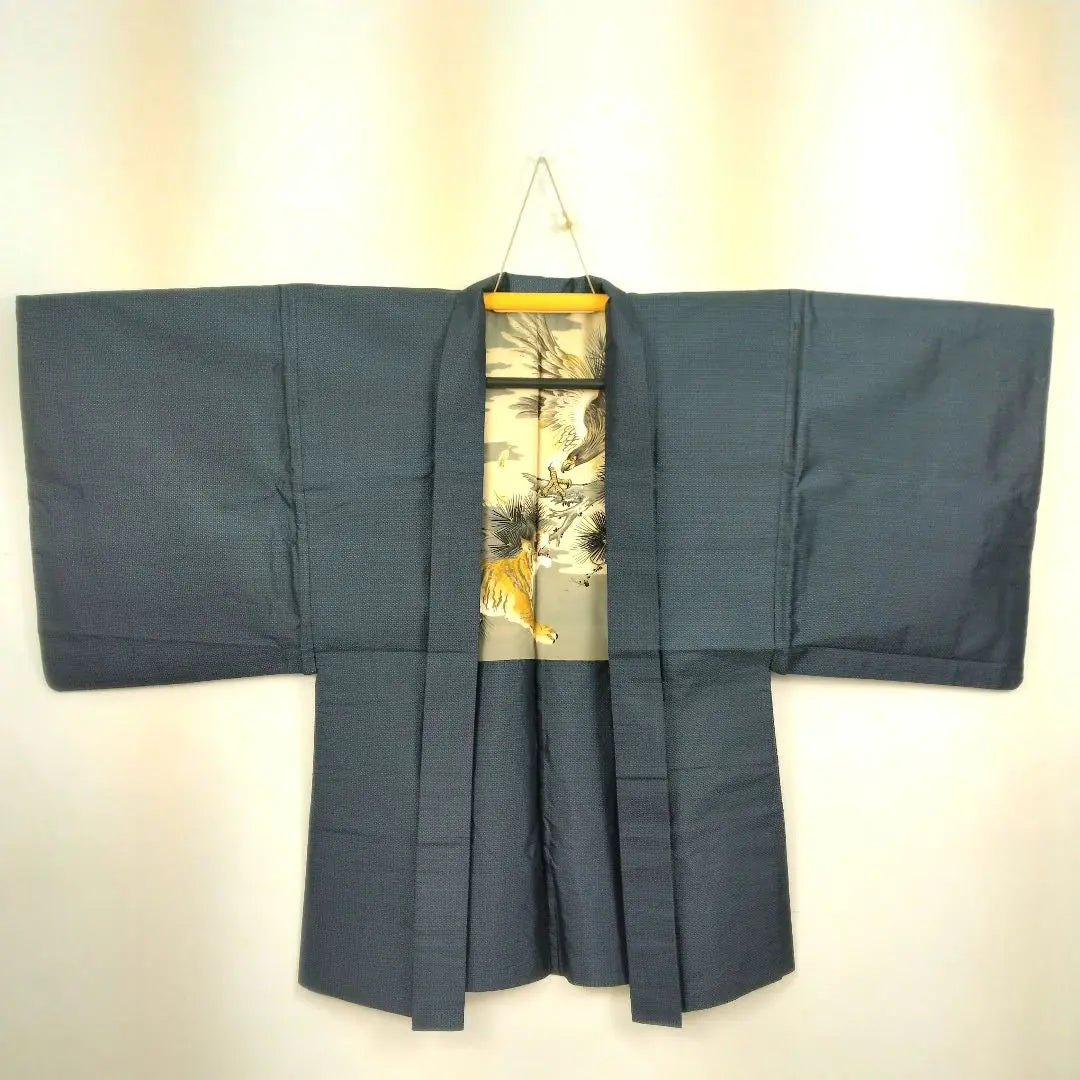 [Buen estado] Haori auténtico para hombre Oshima Tsumugi de seda pura color dorado largo 87 manga 67,5 azul marino oscuro