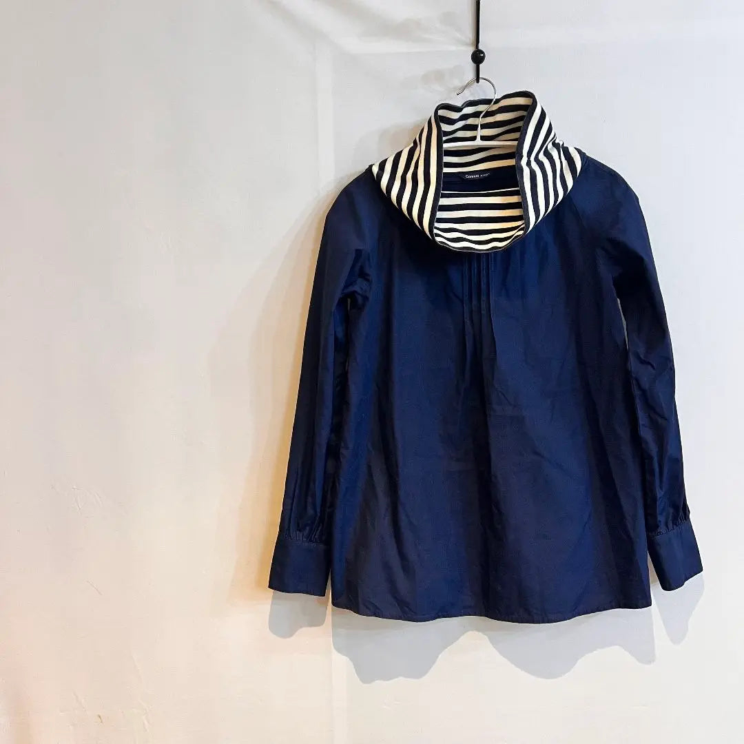 M131 Made in Japan High Neck Navy Striped Collar Long Sleeve Cut and Sew, Layered Style