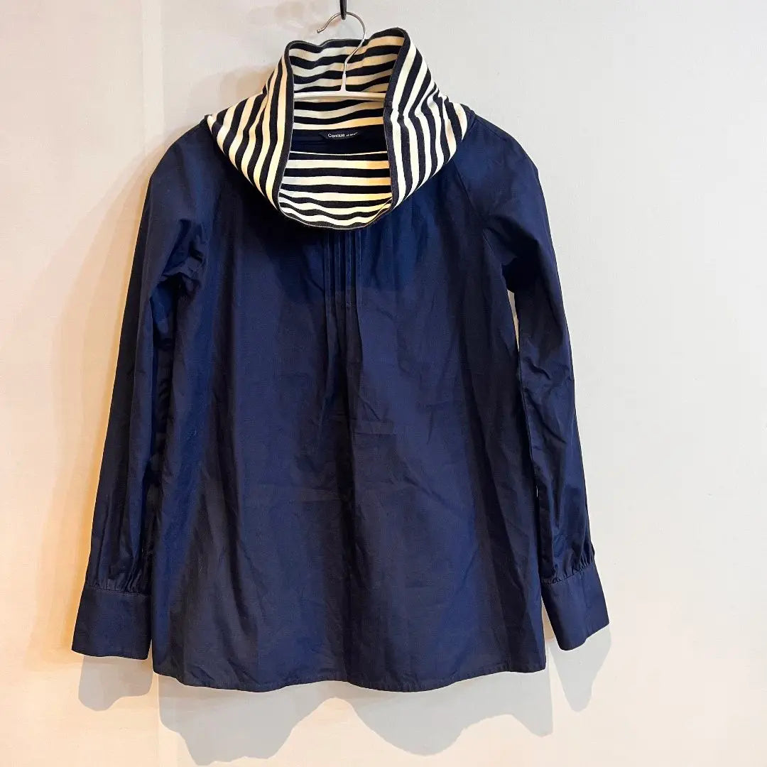 M131 Made in Japan High Neck Navy Striped Collar Long Sleeve Cut and Sew, Layered Style