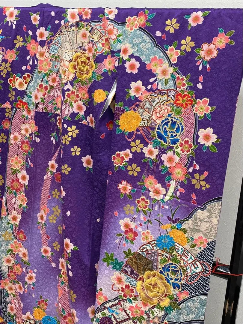 Luxurious Furisode, Silver Thread, Embroidery, Gold-painted, Crest Design, Peony, Length 174cm