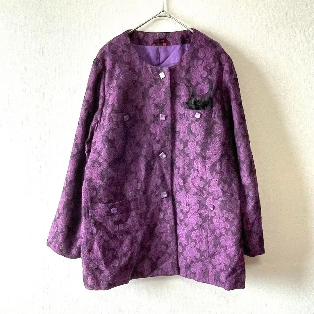 [Akimode Salon] Chaqueta sin cuello de los años 80 con estampado floral en color morado M e0153