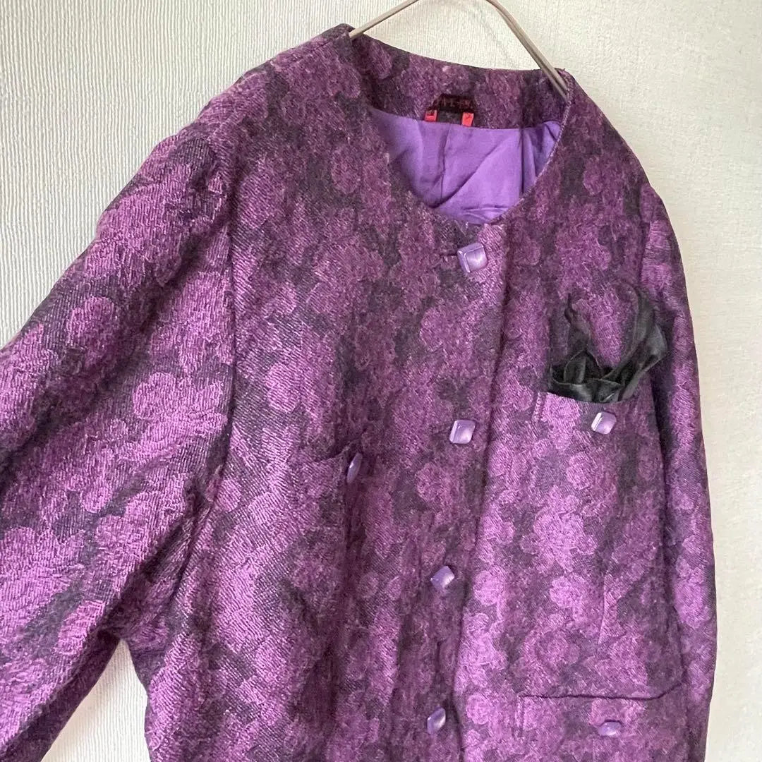 [Akimode Salon] 80s Collarless Jacket Floral Pattern Purple M e0153