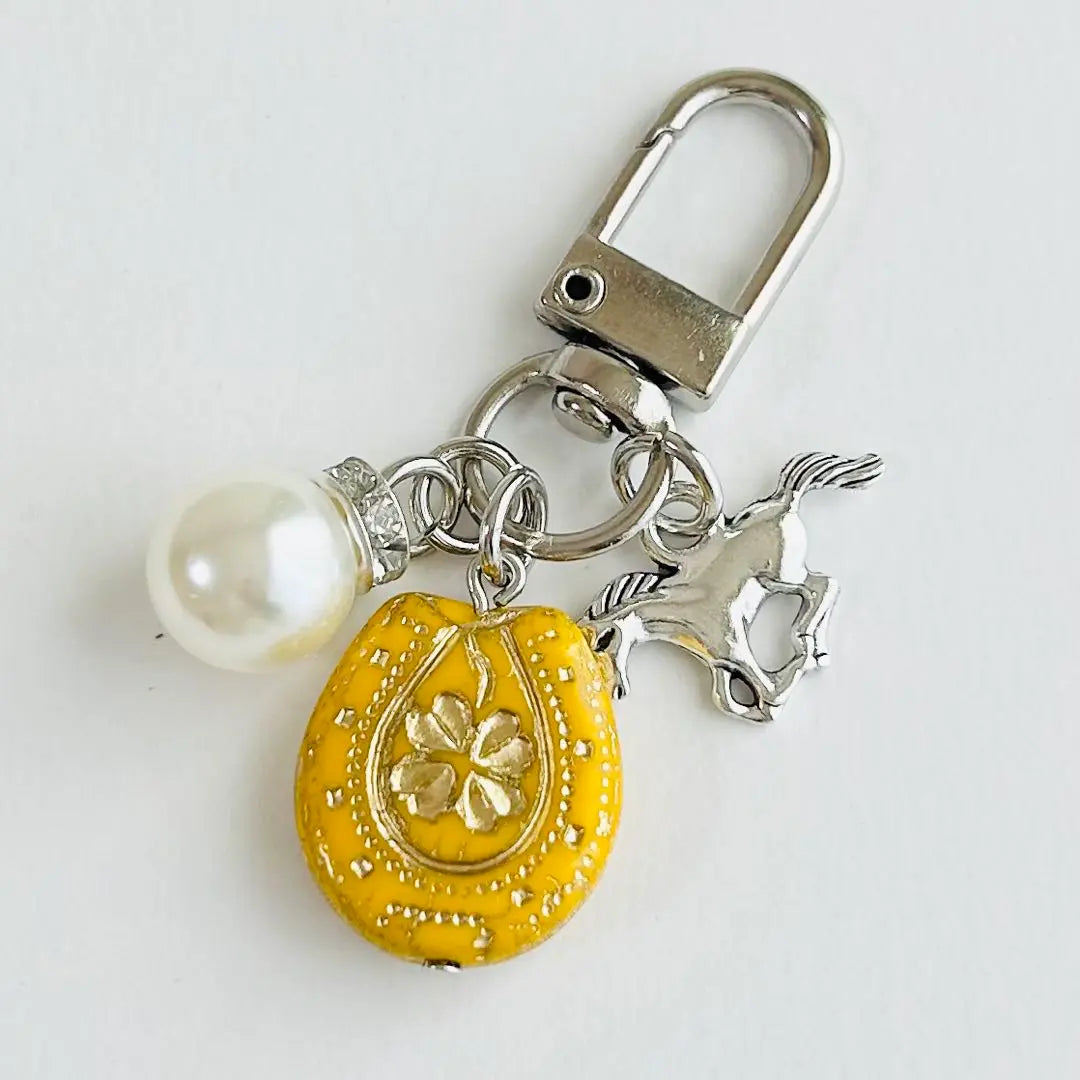 Horseshoe and Clover Mini Charm Yellow Handmade Keychain Czech Beads