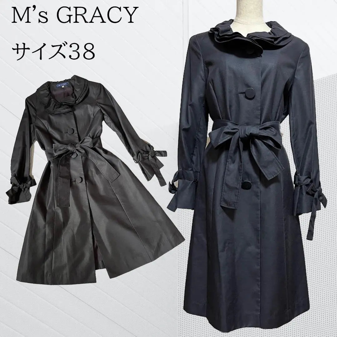 Mz Glace Spring Coat Black Frill Collar Belt Ribbon Sleeve