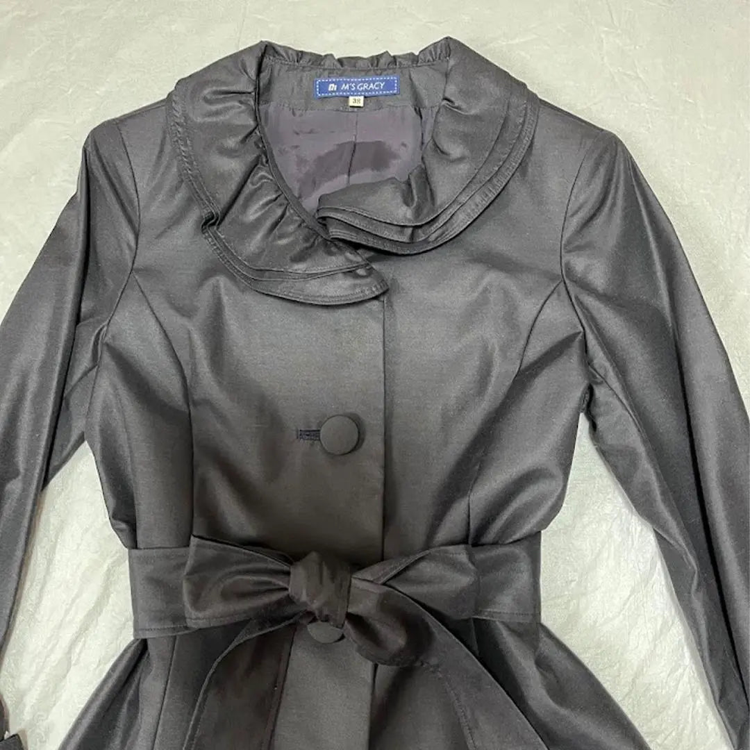 Mz Glace Spring Coat Black Frill Collar Belt Ribbon Sleeve