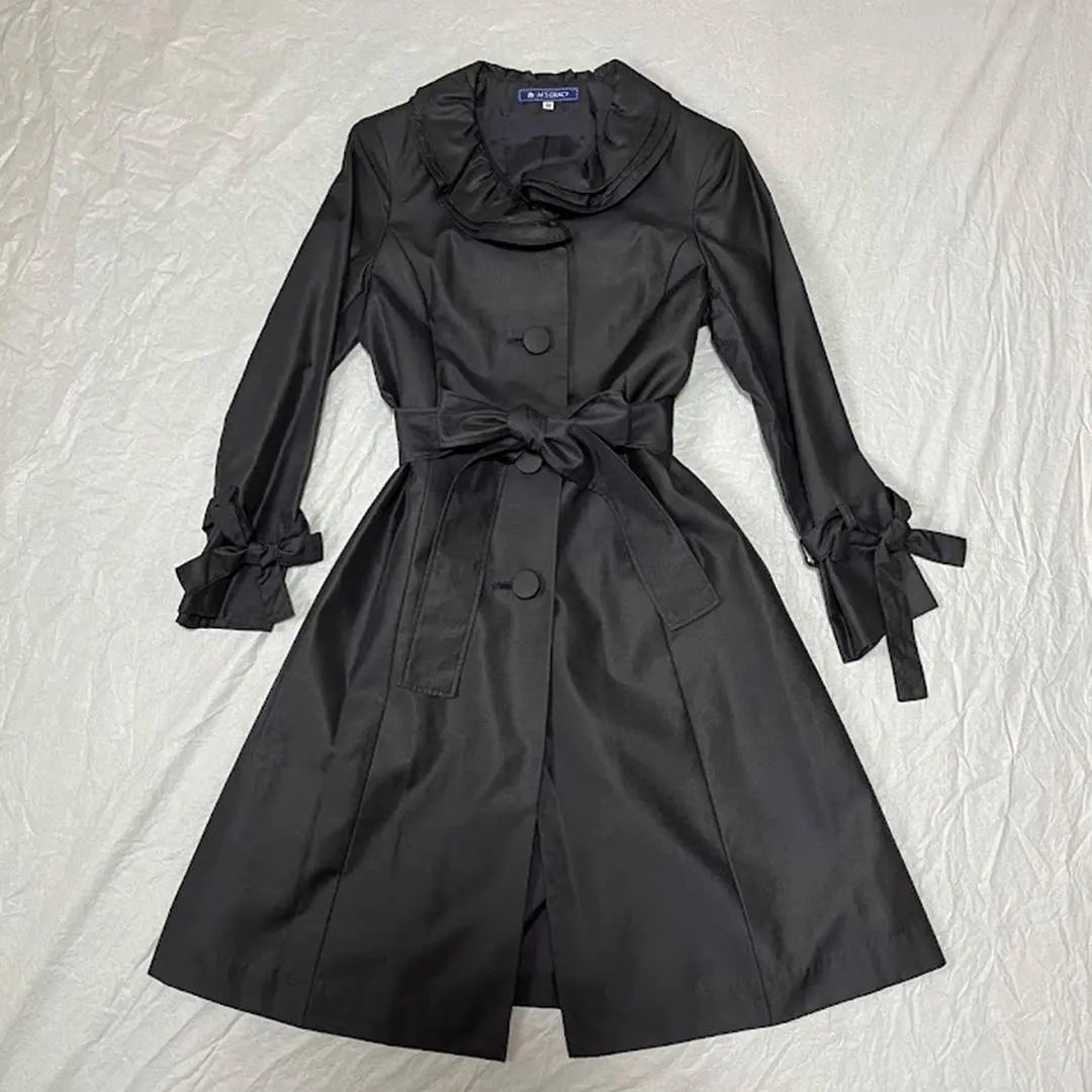 Mz Glace Spring Coat Black Frill Collar Belt Ribbon Sleeve