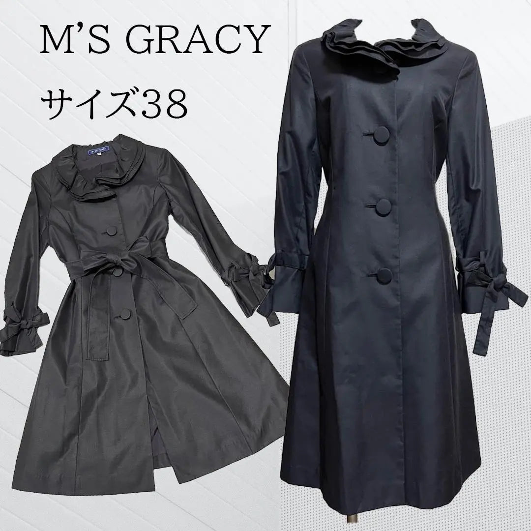 Mz Glace Spring Coat Black Frill Collar Belt Ribbon Sleeve