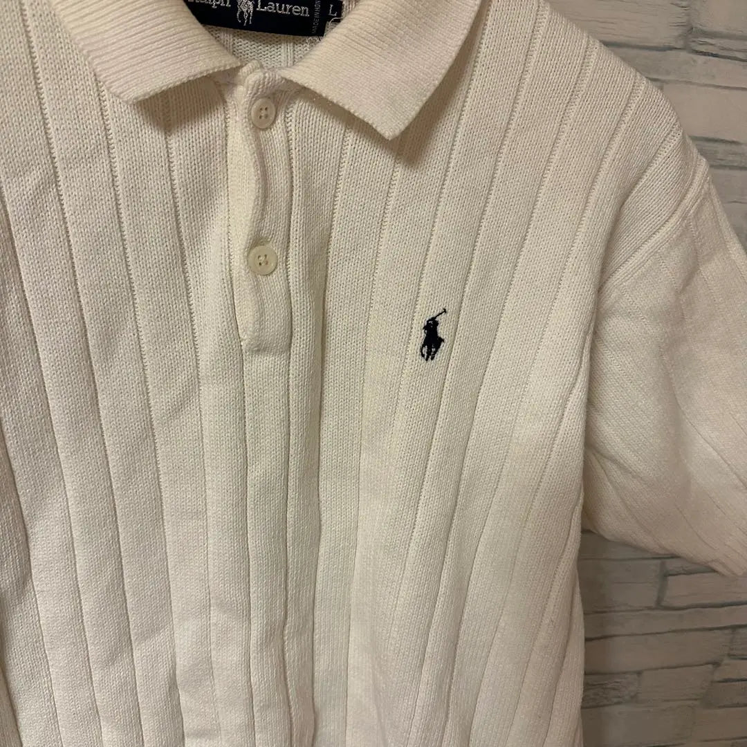 Ralph Lauren Polo Shirt Sweater [L] White Stylish Ribbed Short Sleeve