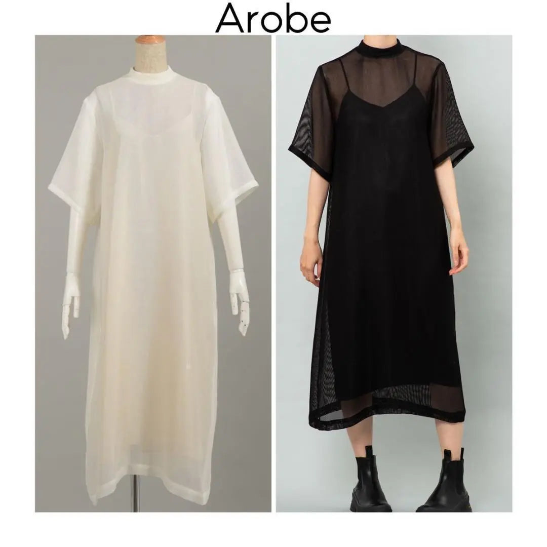 New Arobe Stand Neck Mesh Dress White White Short Sleeve Made in Japan