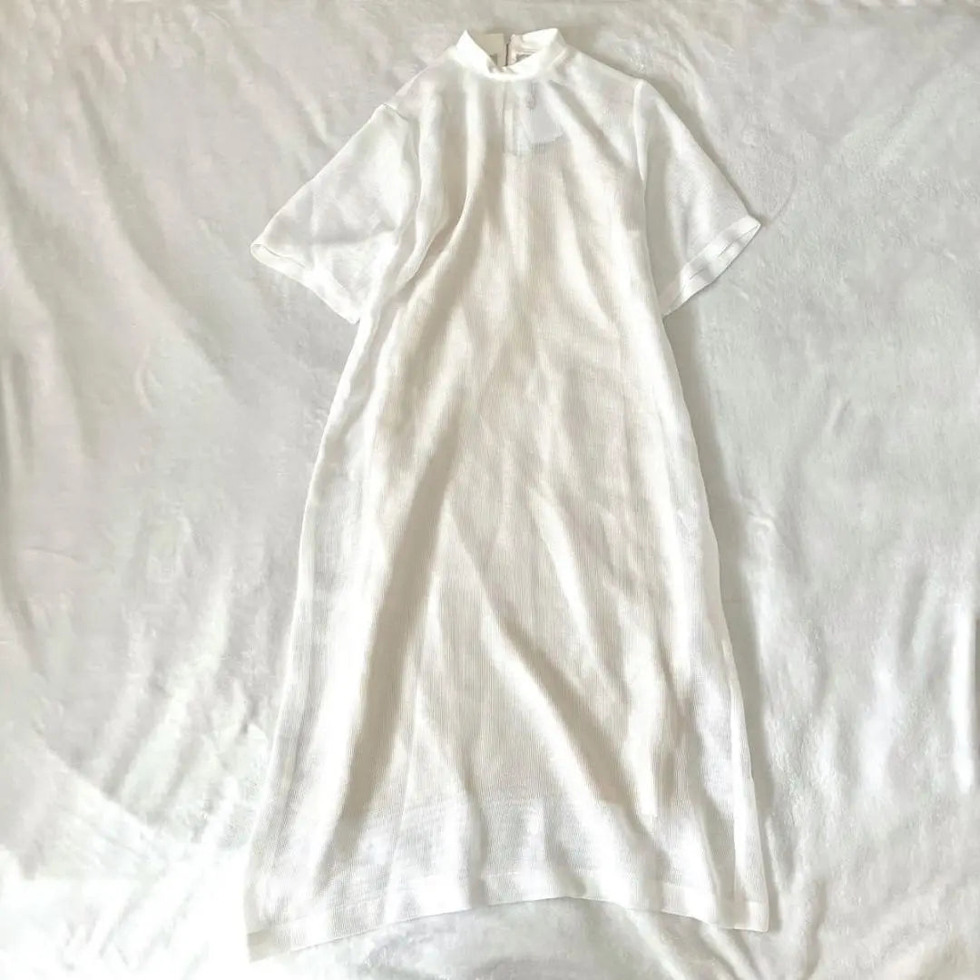 New Arobe Stand Neck Mesh Dress White White Short Sleeve Made in Japan