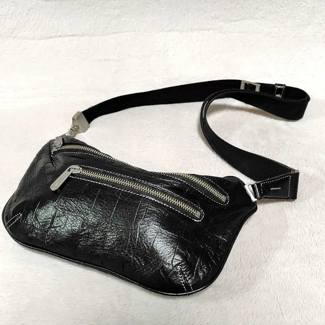 Aniari waist bag black leather embossed crossbody simple