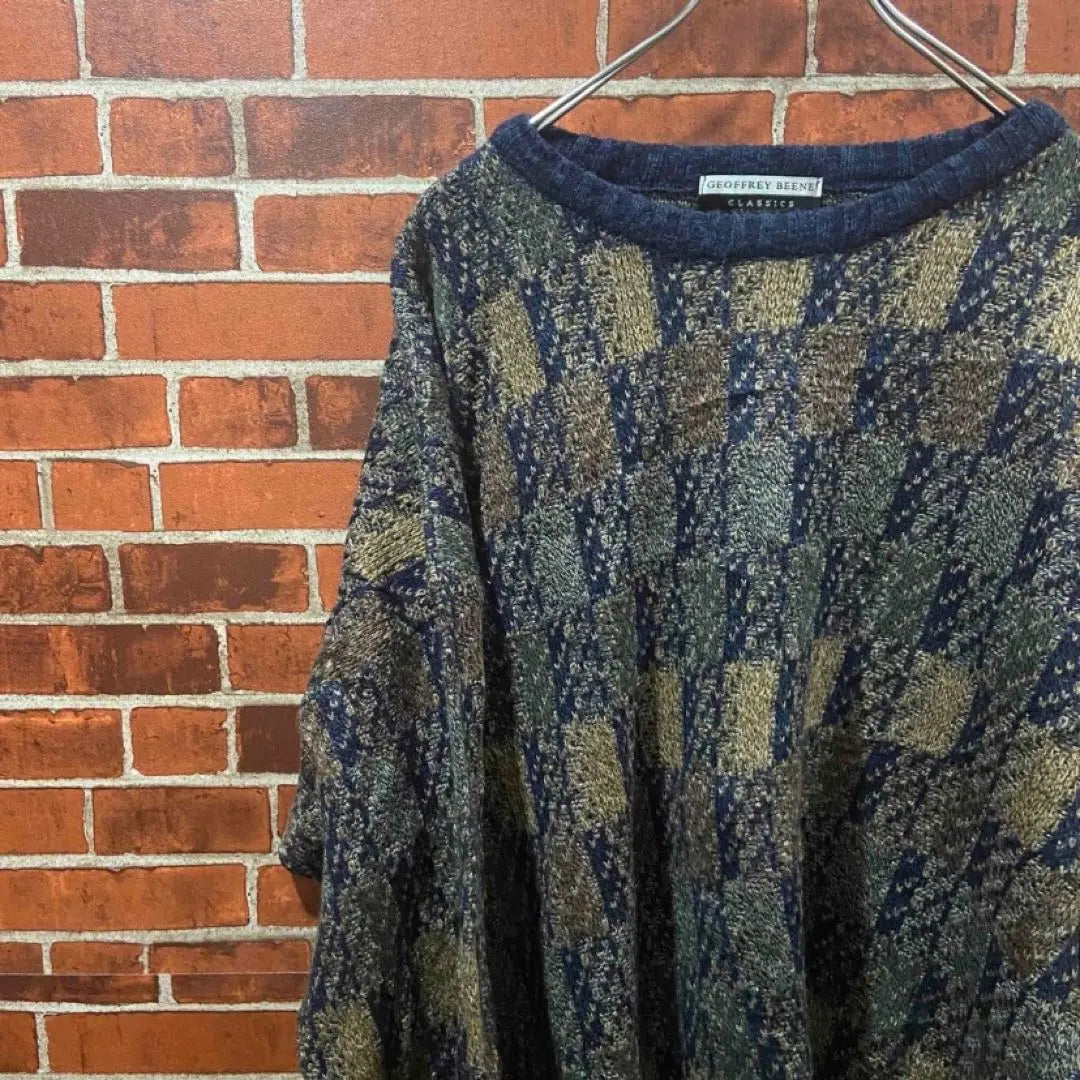 [Popular] GEOFFREY BEEN Vintage Clothing Knit Pattern Knit Zip Pattern Loose Tabo