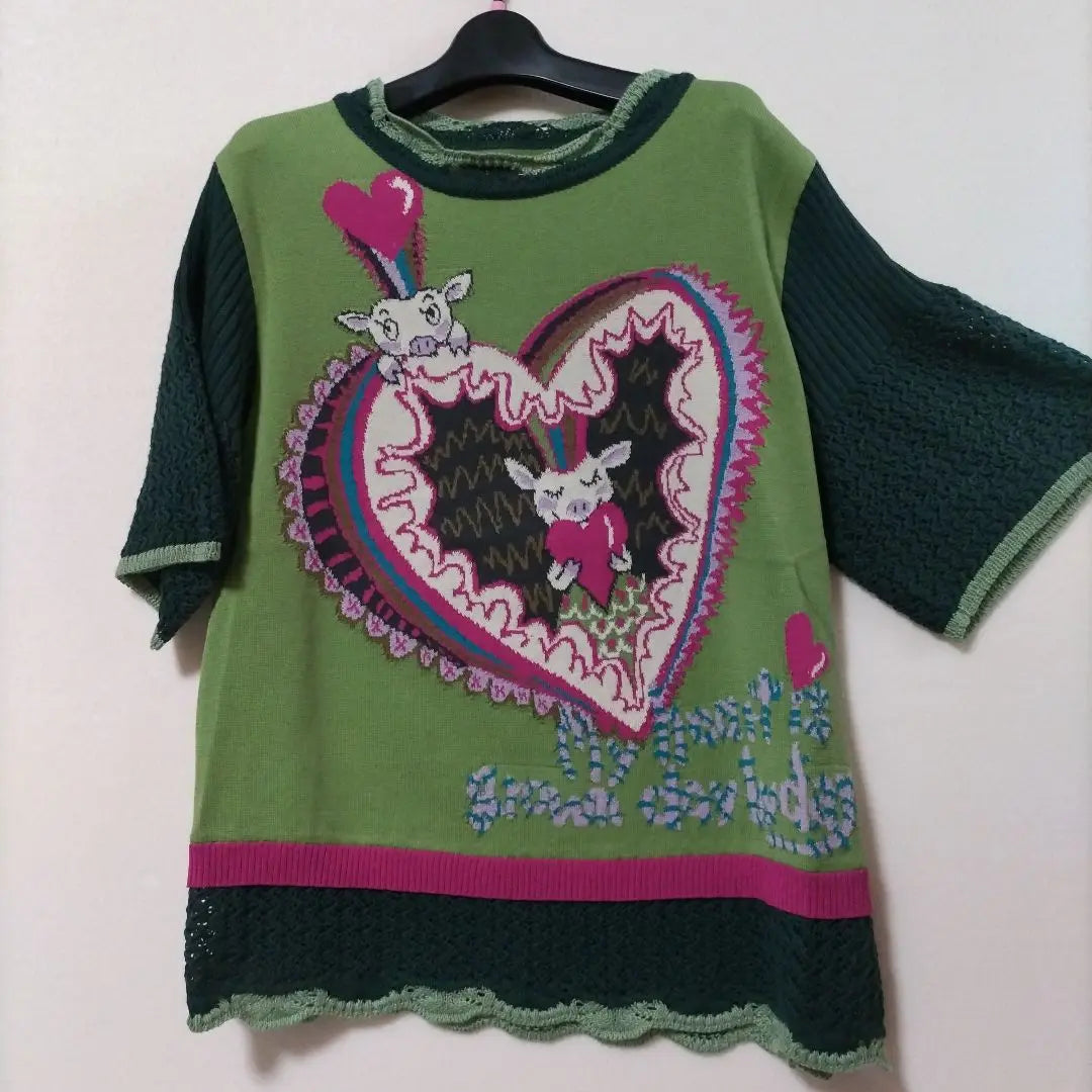 Alberobello New unused heart and animal illustration short sleeve knit | アルベロベロ　新品未使用 ハートと動物のイラストの半袖ニット