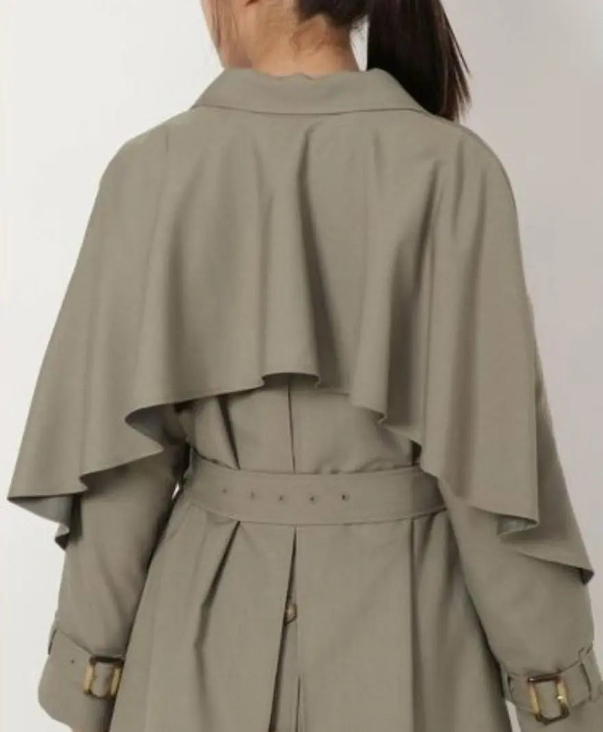 New Ladyazel REDYAZEL Khaki Back Ruffle Cape Trench Coat S