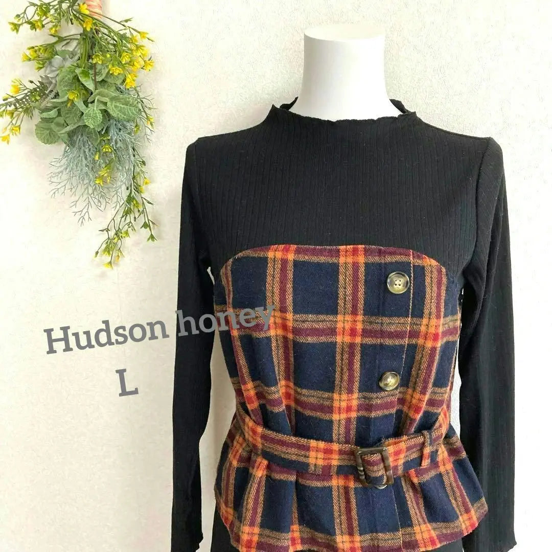 Hudson Honey ◇Jersey de manga larga [L] Espalda elástica, botón decorativo, cinturón, canalé, lana