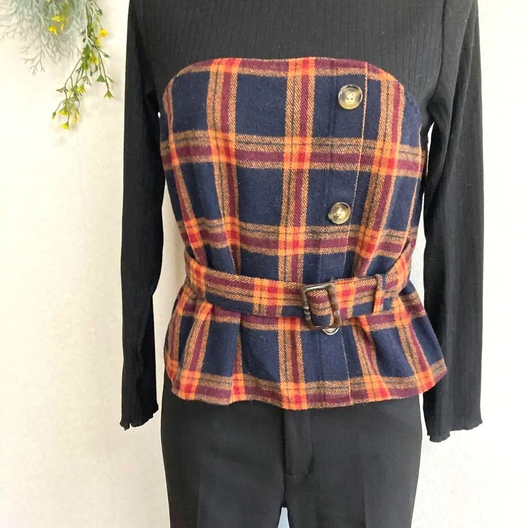 Hudson Honey ◇Long-sleeved pullover [L] Elastic back, decorative button, belt, rib, wool