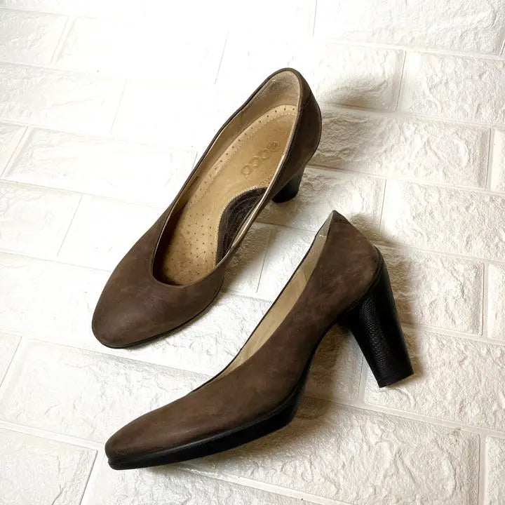 [Good condition] eco brown, large size, chunky heel, leather pumps