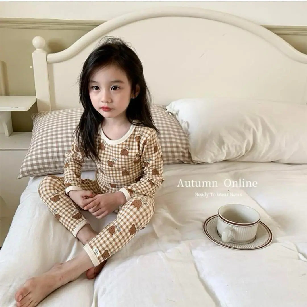 ♥ ️ Korean children's clothing ♥ ️ Pajamas Children's Kuma Check Pattern Children's Clothing Girls Cute