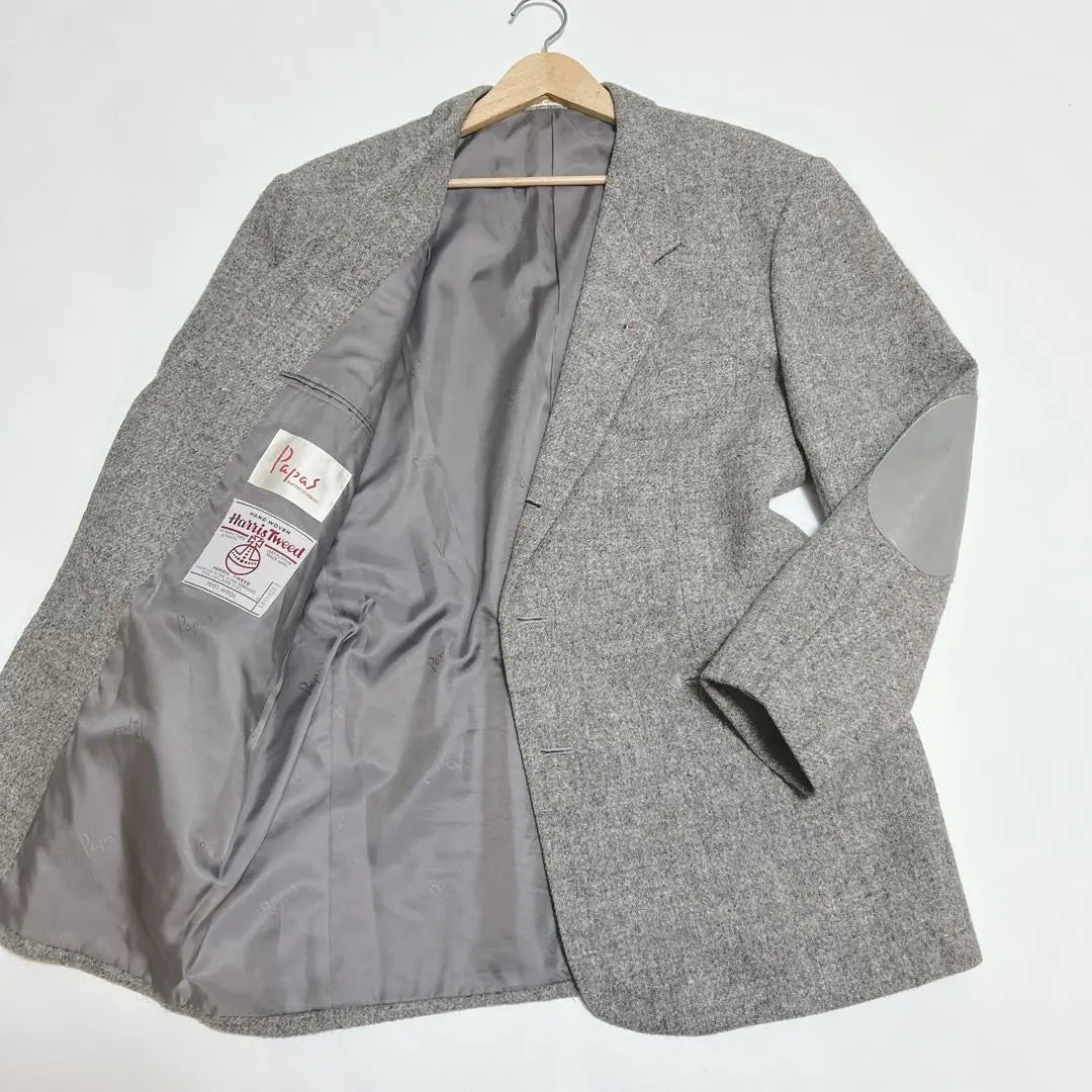 Parche de codo con botones en tono nogal de tweed Harris de Papas, talla L, raro, gris