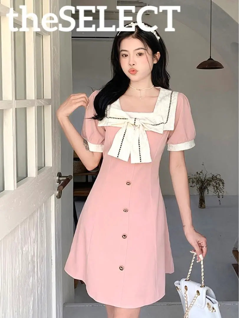 Ropa coreana Vestido de mujer Mini vestido rosa con cinta de manga corta | 韓国 服 レディース ワンピース ピンク ミニワンピース 半袖 リボン ドレス