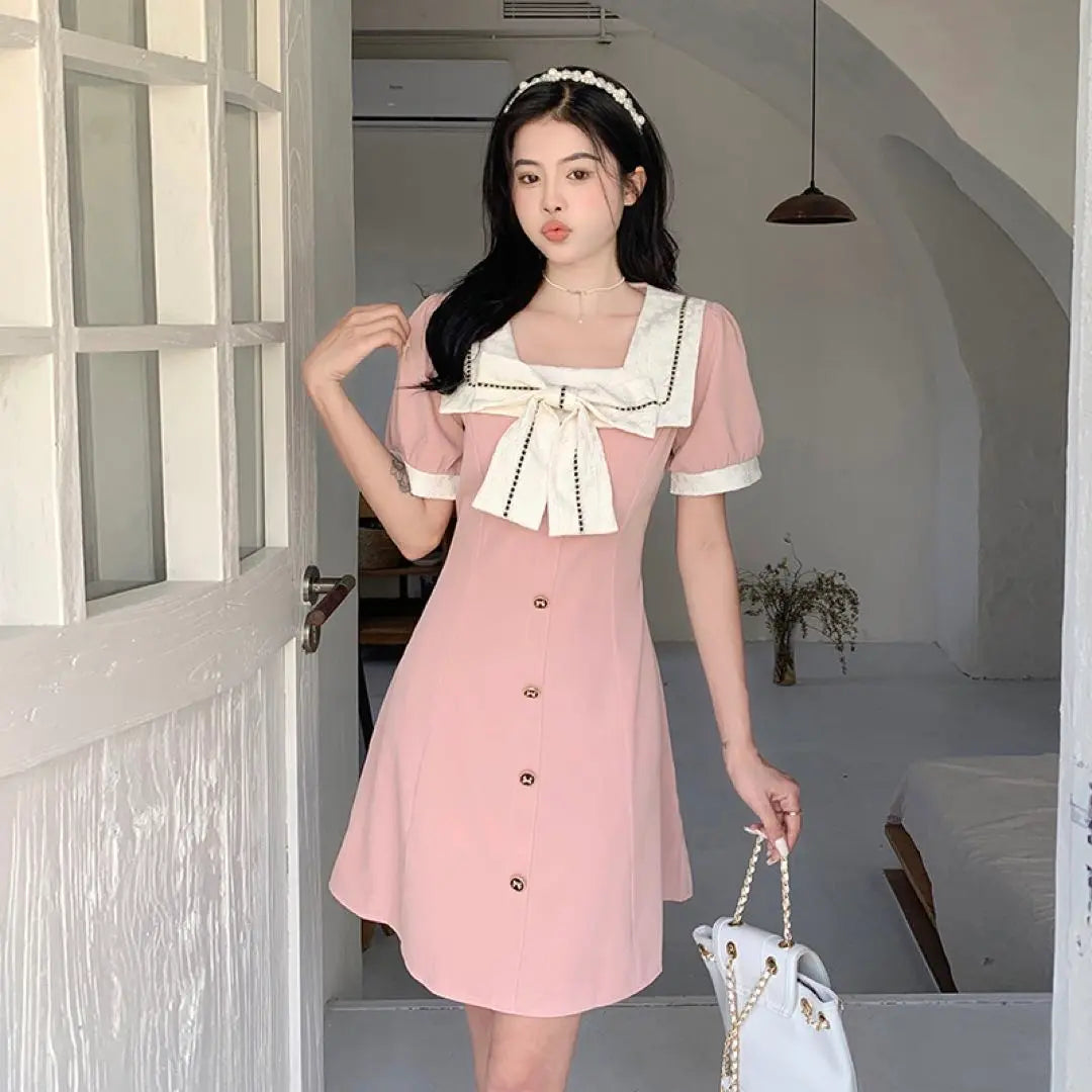 Ropa coreana Vestido de mujer Mini vestido rosa con cinta de manga corta | 韓国 服 レディース ワンピース ピンク ミニワンピース 半袖 リボン ドレス