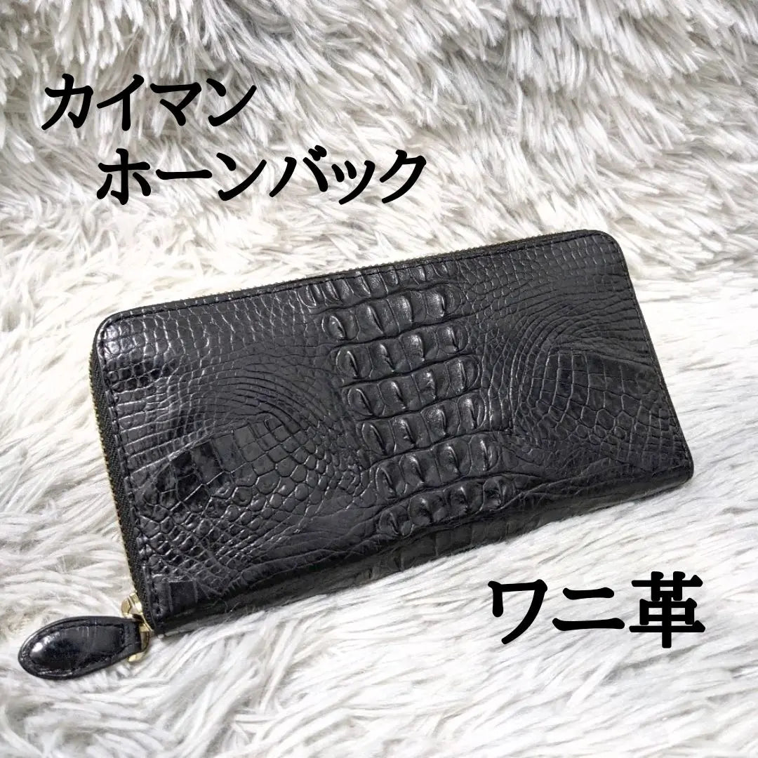 Superb condition: High-quality crocodile leather Caiman hornback round zip long wallet black