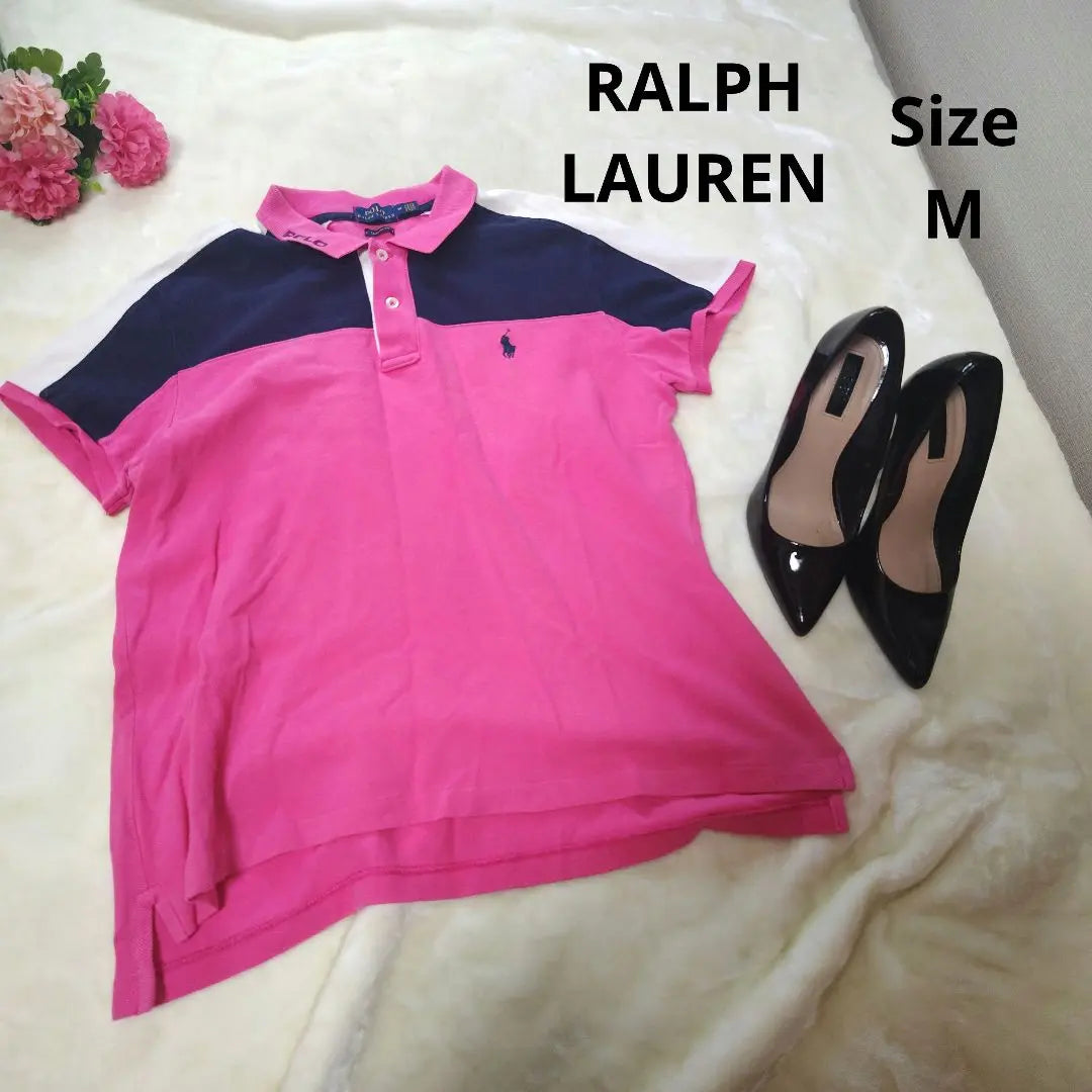 [Popular☆POLO RALPH LAUREN] Pink, navy, white, polo shirt, size M