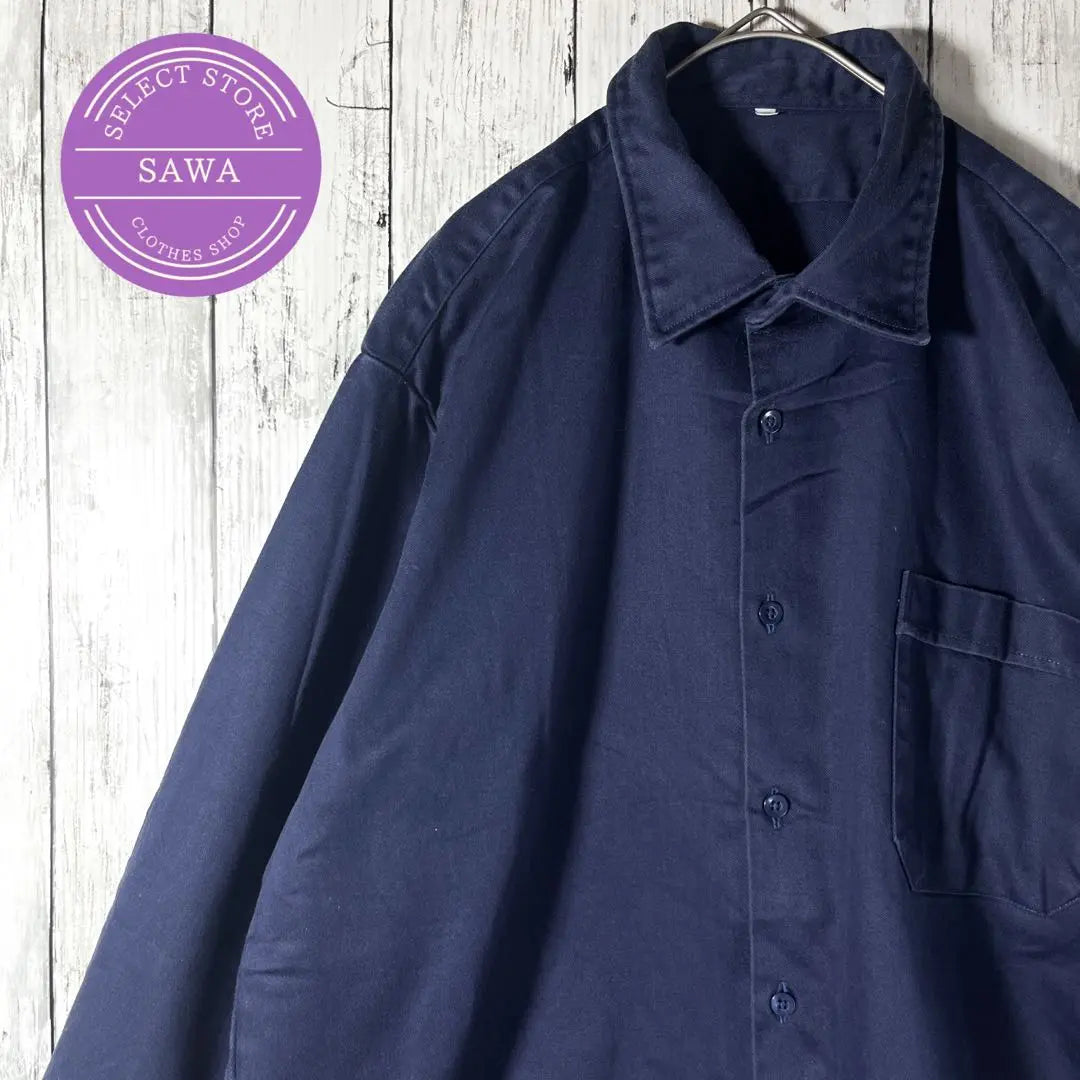 Work shirt, long sleeve shirt, thick, navy, simple, plain, old clothes