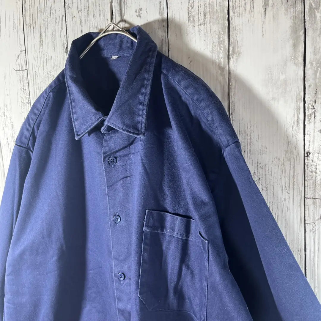 Work shirt, long sleeve shirt, thick, navy, simple, plain, old clothes