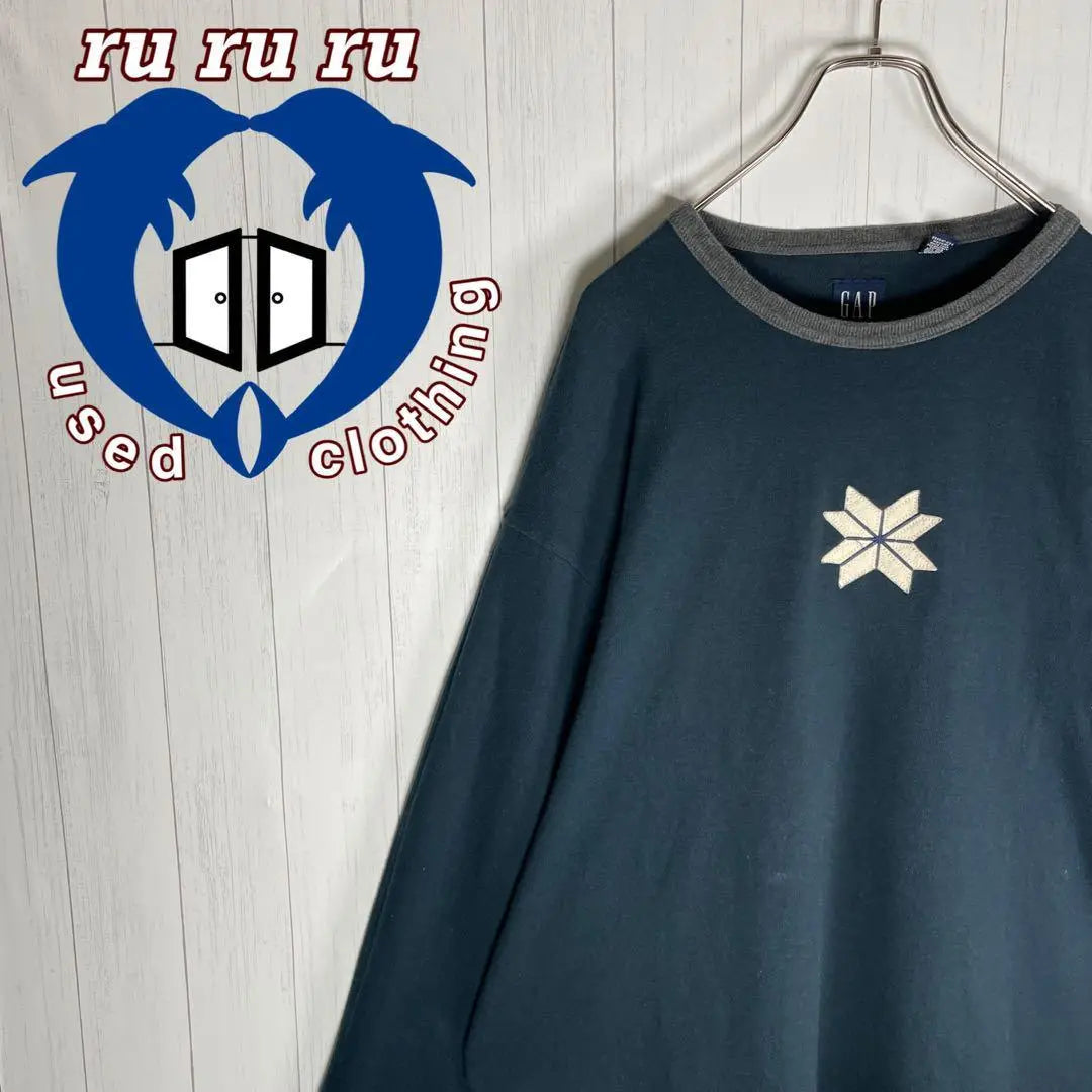 [Ropa vieja] OLD GAP Camiseta con timbre de manga larga Emblema de los años 90 Patrón de nieve Azul marino | [古着]OLD GAP 長袖 リンガーTシャツ 90s ワッペン 雪柄 ネイビー