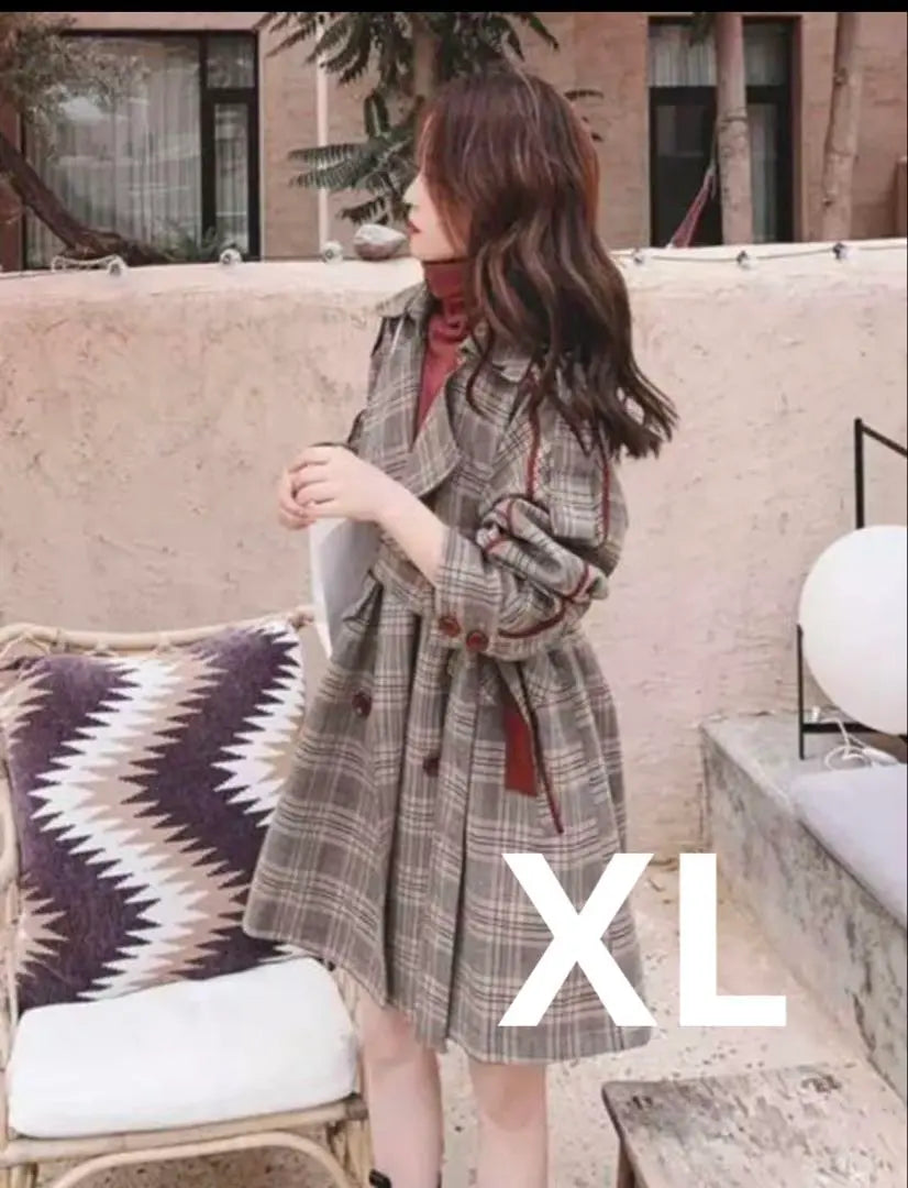 Spring coat Vintage style check pattern - long legs trench coat brown XL