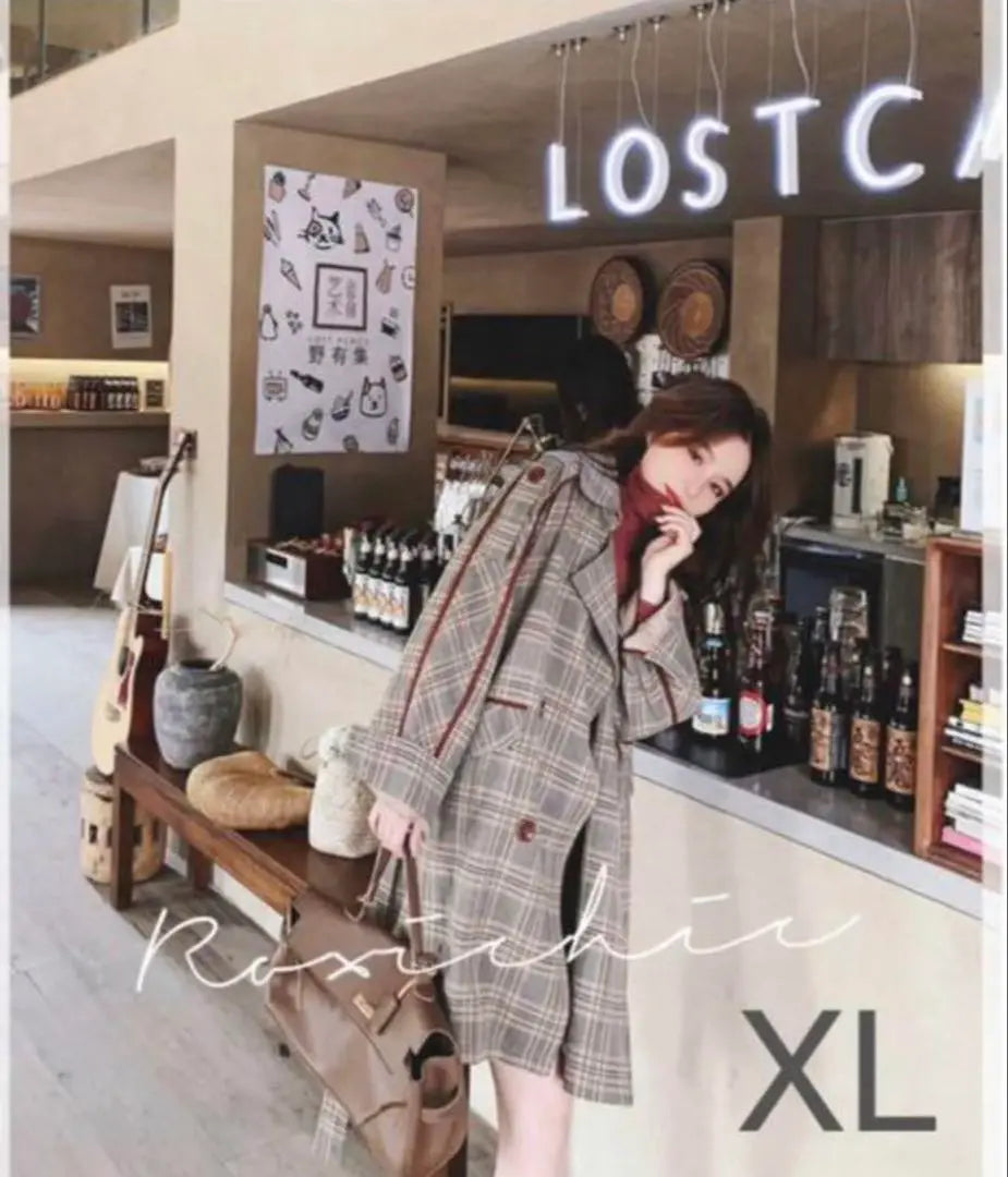 Spring coat Vintage style check pattern - long legs trench coat brown XL