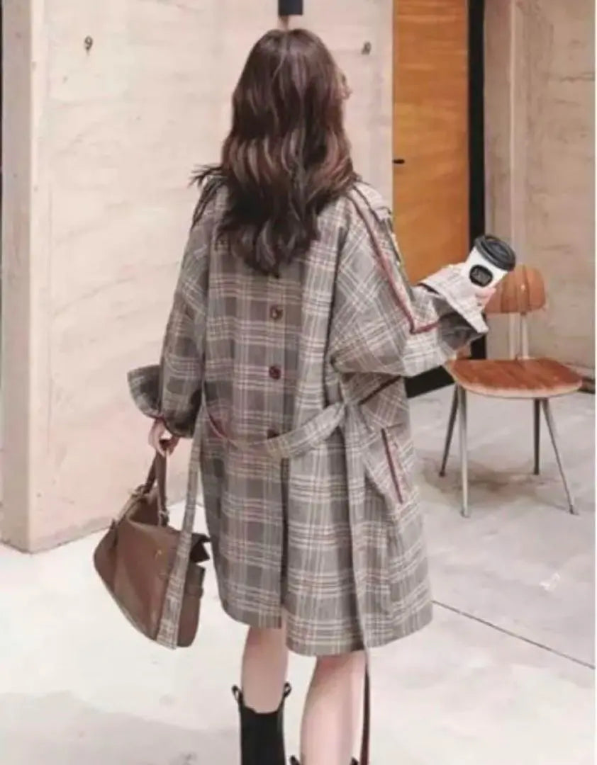 Spring coat Vintage style check pattern - long legs trench coat brown XL