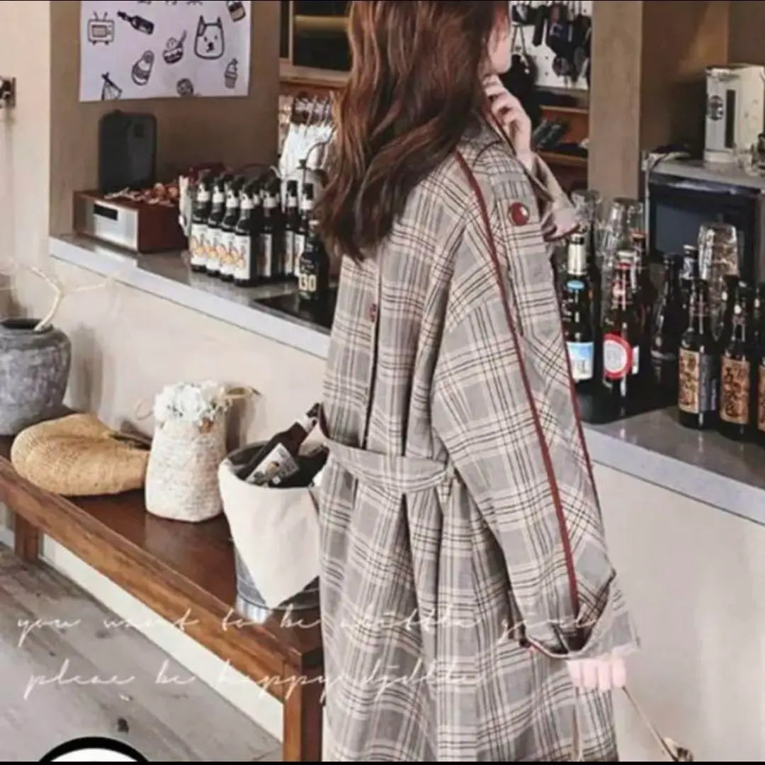 Spring coat Vintage style check pattern - long legs trench coat brown XL