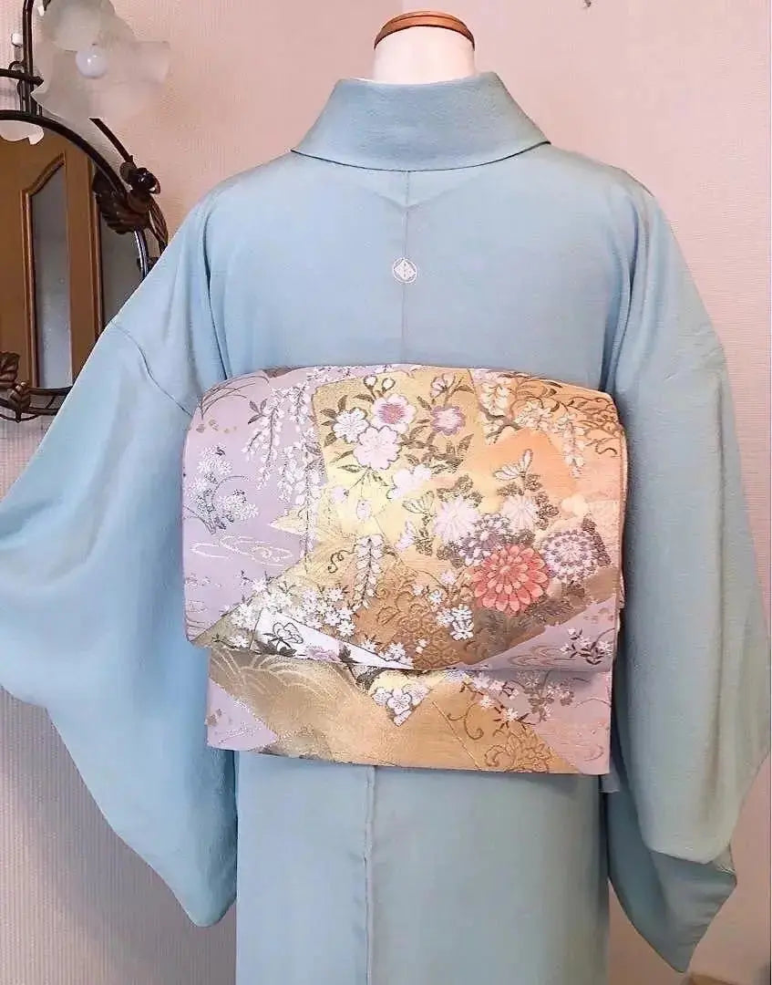 Entrance Ceremony: Unused pure silk six-pattern bag obi, flowers of the four seasons, gold-colored, pale blue-gray, sold out⑥