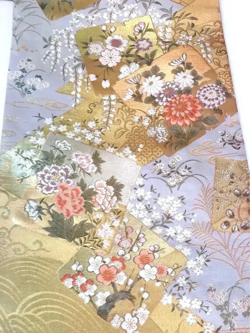 Entrance Ceremony: Unused pure silk six-pattern bag obi, flowers of the four seasons, gold-colored, pale blue-gray, sold out⑥