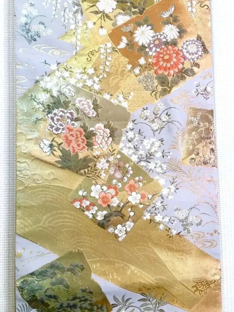 Entrance Ceremony: Unused pure silk six-pattern bag obi, flowers of the four seasons, gold-colored, pale blue-gray, sold out⑥