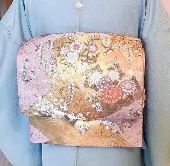 Entrance Ceremony: Unused pure silk six-pattern bag obi, flowers of the four seasons, gold-colored, pale blue-gray, sold out⑥