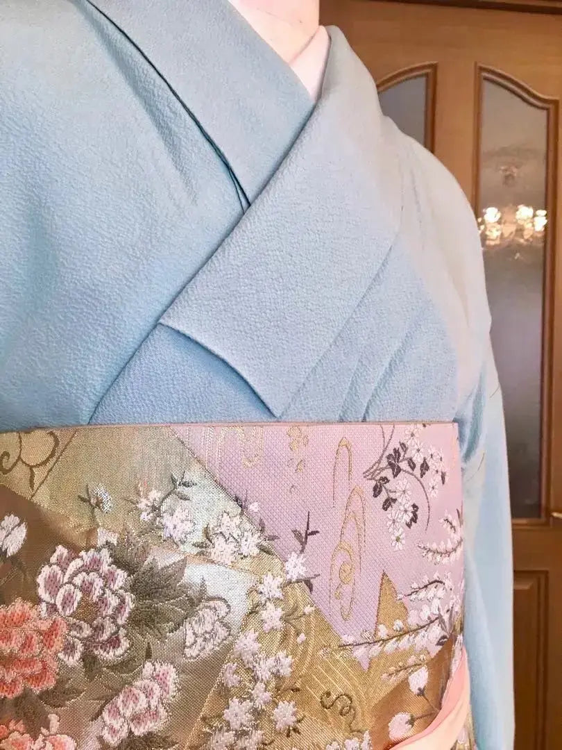 Entrance Ceremony: Unused pure silk six-pattern bag obi, flowers of the four seasons, gold-colored, pale blue-gray, sold out⑥