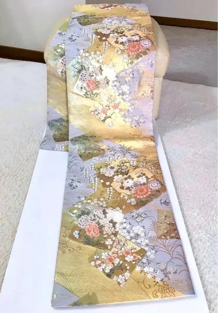 Entrance Ceremony: Unused pure silk six-pattern bag obi, flowers of the four seasons, gold-colored, pale blue-gray, sold out⑥