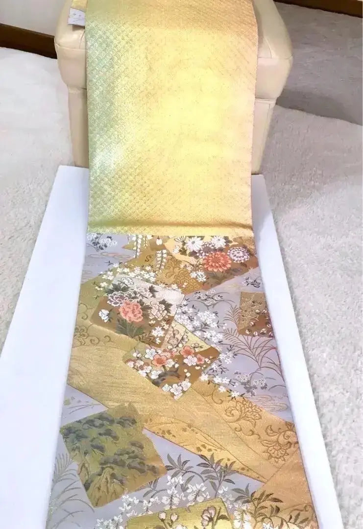 Entrance Ceremony: Unused pure silk six-pattern bag obi, flowers of the four seasons, gold-colored, pale blue-gray, sold out⑥