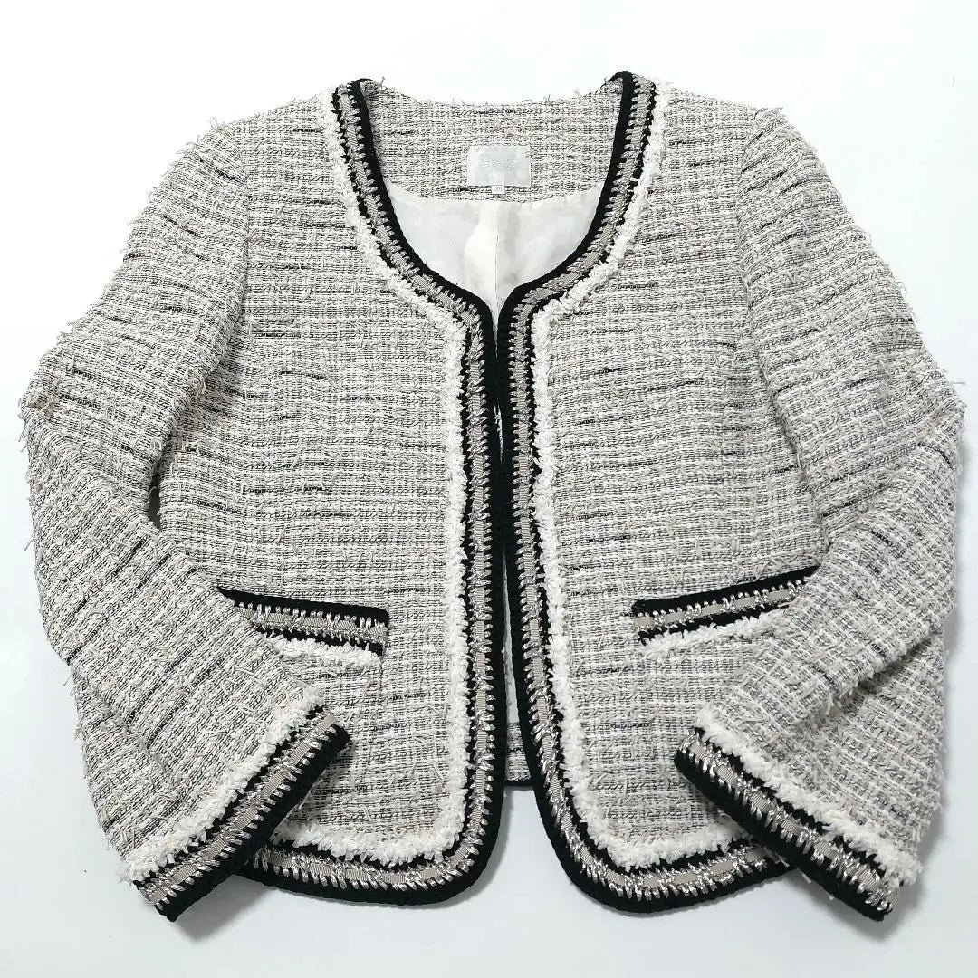 Jiyu Ward Chaqueta de tweed sin color Blanco 38 Talla M | 自由区 ノーカラー ツイードジャケット ホワイト系 38 Mサイズ