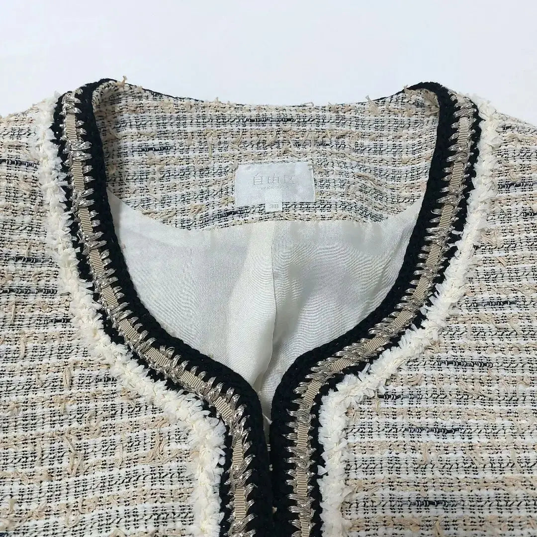 Jiyu Ward Chaqueta de tweed sin color Blanco 38 Talla M | 自由区 ノーカラー ツイードジャケット ホワイト系 38 Mサイズ