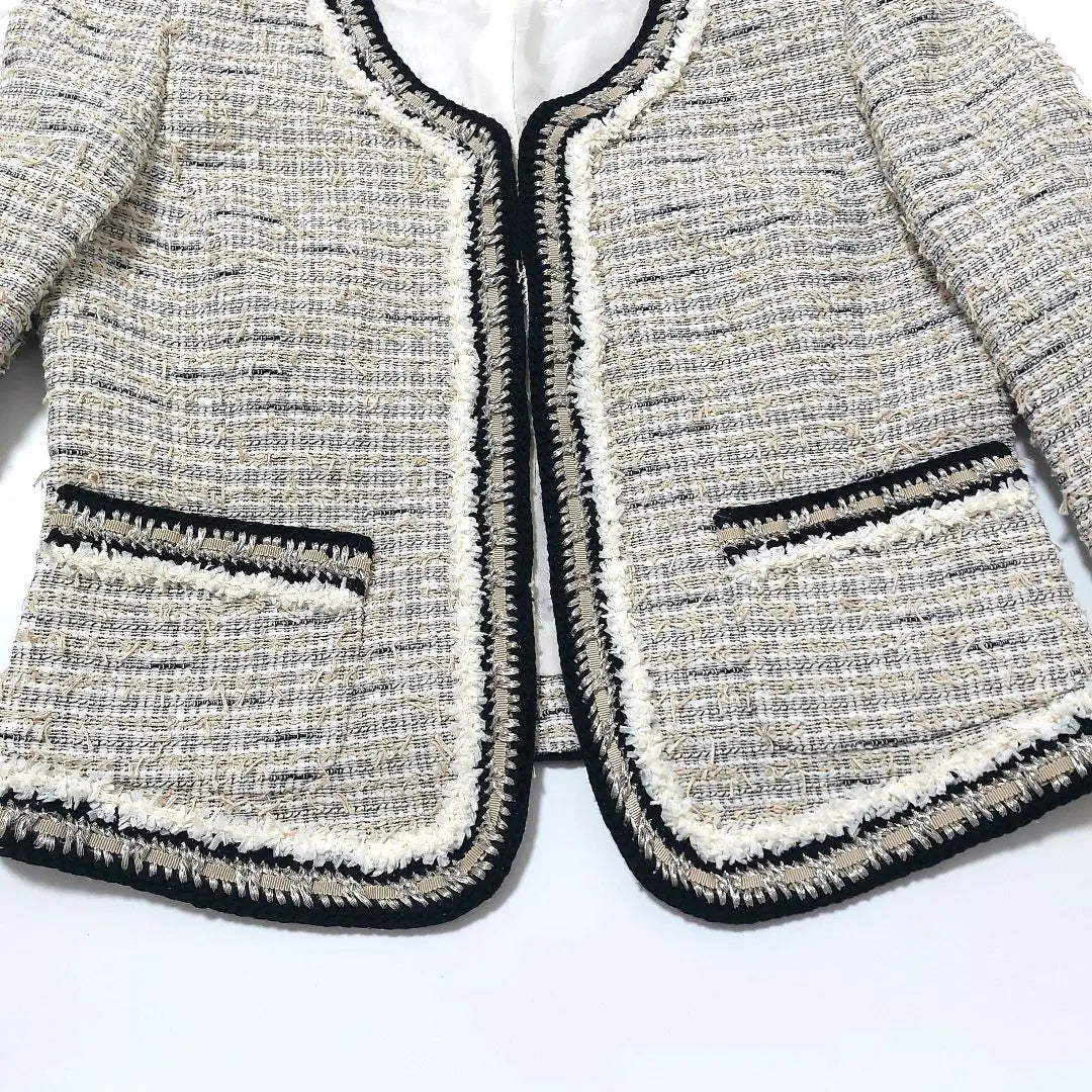 Jiyu Ward Chaqueta de tweed sin color Blanco 38 Talla M | 自由区 ノーカラー ツイードジャケット ホワイト系 38 Mサイズ