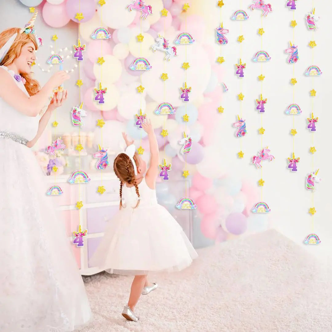 Unicorn 4 -year -old Birthday Garland 4 pieces about 16m Birthday 4 years old Pink | ユニコーン 4歳の誕生日 ガーランド 4本入 約16m 誕生日 4才 ピンク