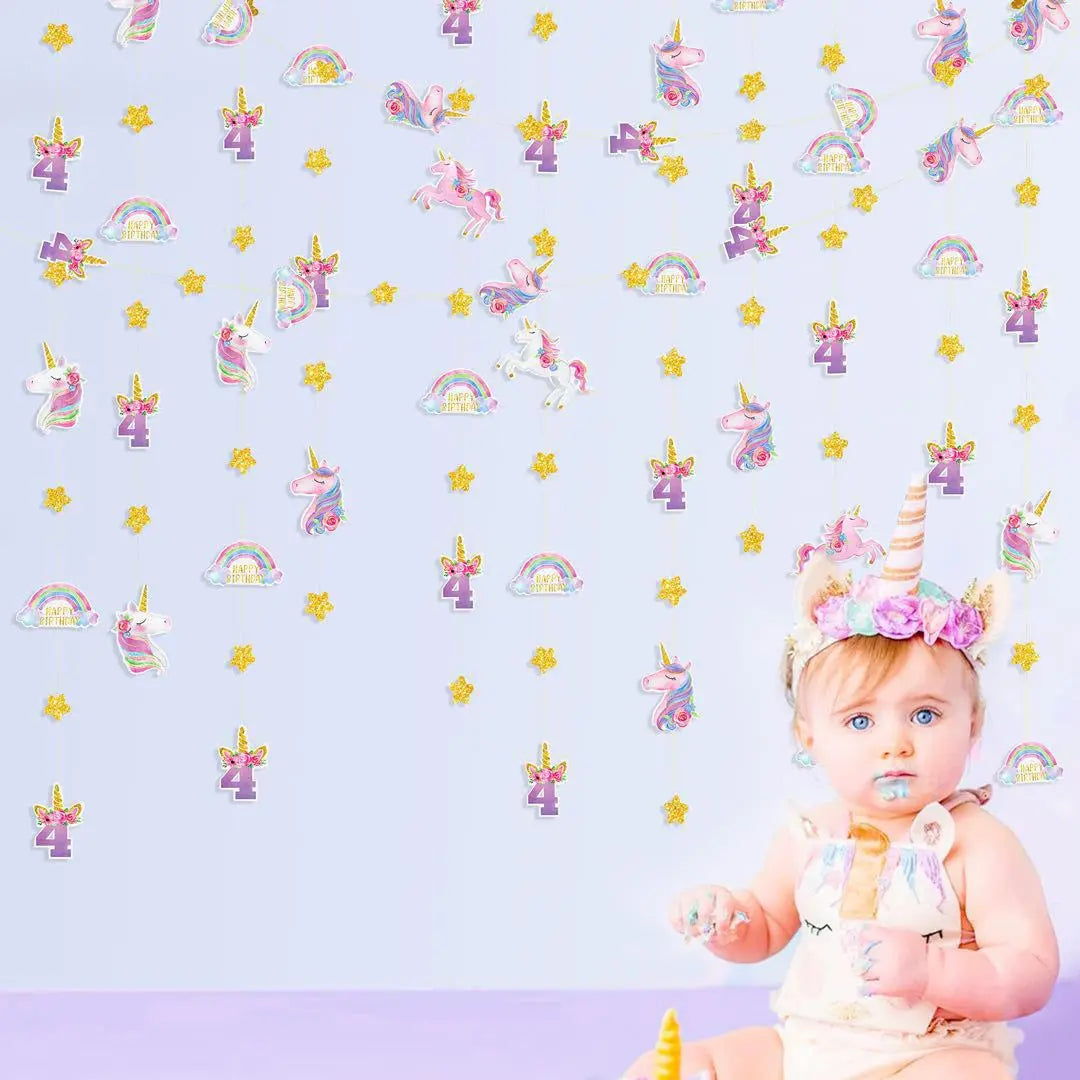 Unicorn 4 -year -old Birthday Garland 4 pieces about 16m Birthday 4 years old Pink | ユニコーン 4歳の誕生日 ガーランド 4本入 約16m 誕生日 4才 ピンク